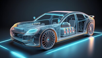 A line art 3D illustration displays a modern electric car chassis x-ray, revealing the vehicle battery in a studio backdrop