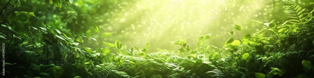 Poster a detailed background banner showcasing a nature-inspired design with lush green foliage and soft li