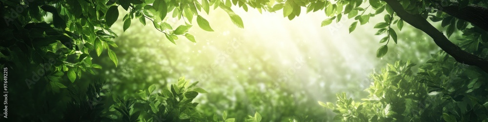 Poster a detailed background banner showcasing a nature-inspired design with lush green foliage and soft li
