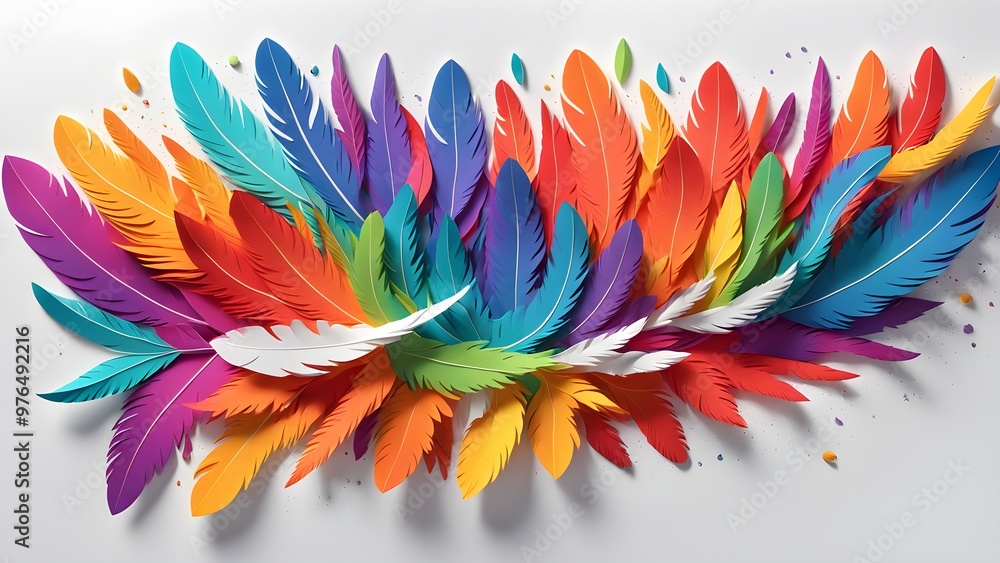 Wall mural A colorful arrangement of paper feathers against a white background.