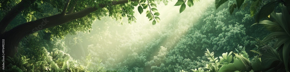 Poster a detailed background banner showcasing a nature-inspired design with lush green foliage and soft li
