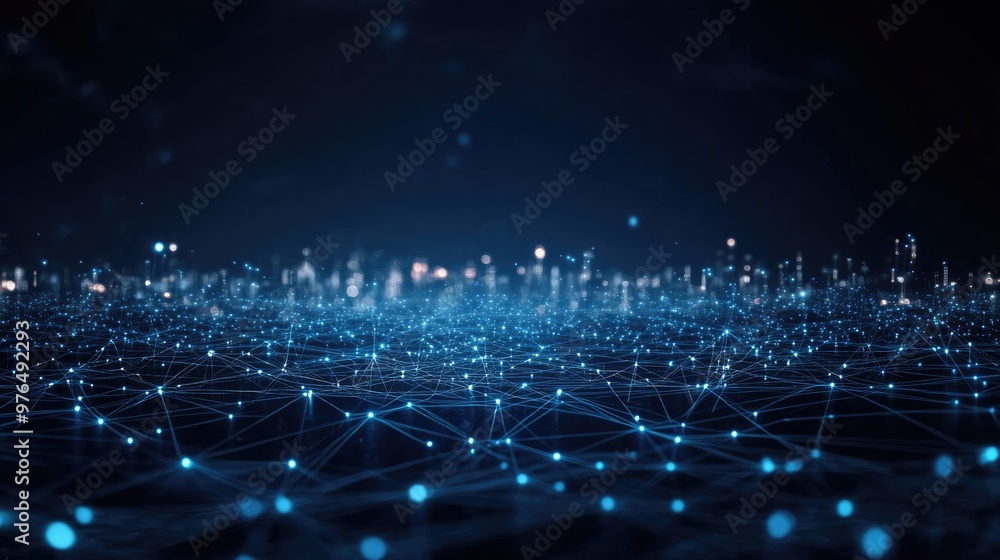 Poster digital network connections above smart city with glowing lines and dots , futuristic background ,ge