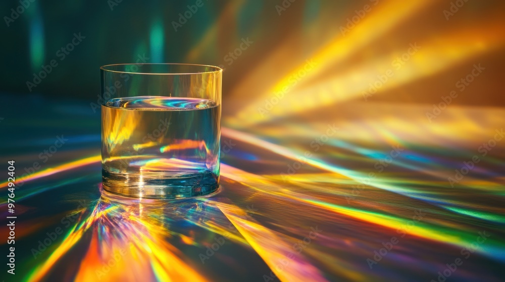 Poster a detailed shot of light rays passing through a glass object, splitting into a spectrum of colors