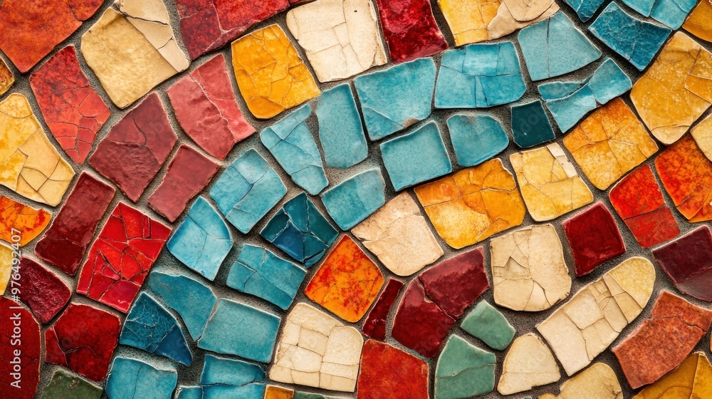 Poster a detailed view of a mosaic pattern made from colorful tiles, emphasizing the textures and arrangeme