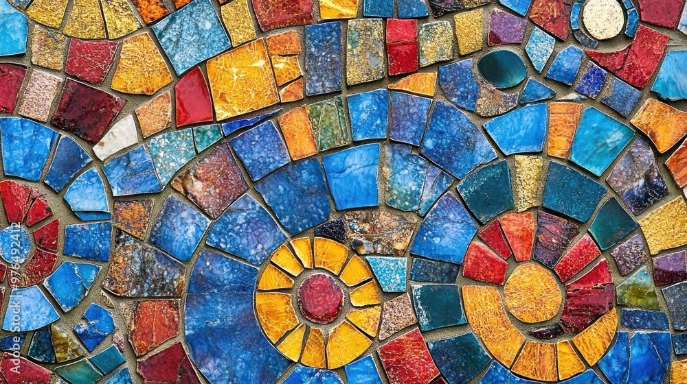 Poster a detailed view of a mosaic pattern made from colorful tiles, emphasizing the textures and arrangeme