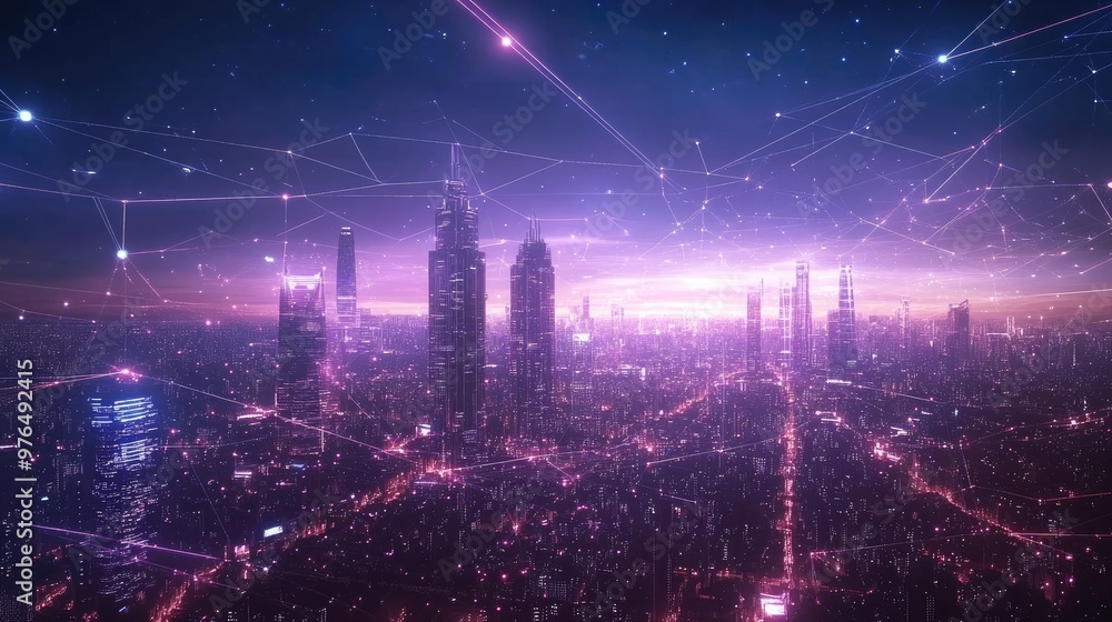 Poster digital network connections above smart city with glowing lines and dots , futuristic background ,ge