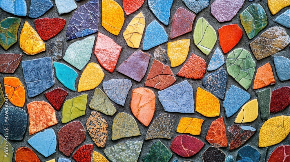 Poster a detailed view of a mosaic pattern made from colorful tiles, emphasizing the textures and arrangeme
