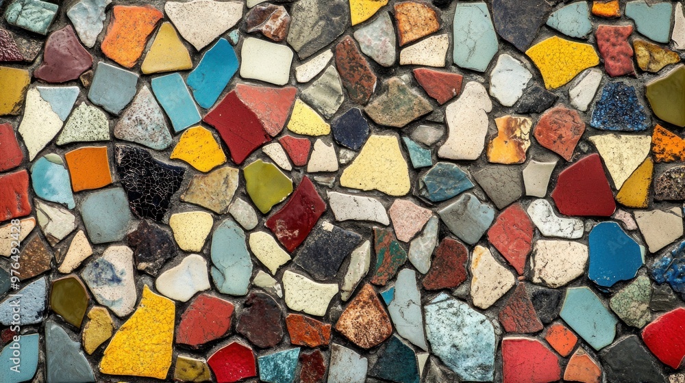 Poster a detailed view of a mosaic pattern made from colorful tiles, emphasizing the textures and arrangeme