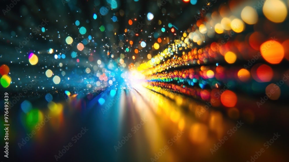 Poster a detailed view of light shining through a diffraction grating, spreading into a full spectrum