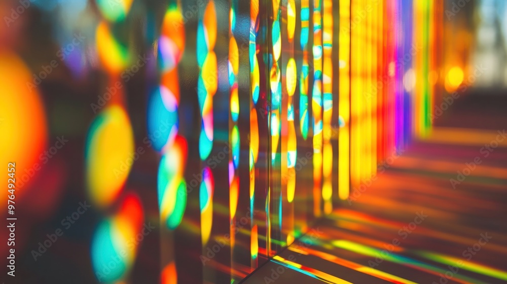 Poster a detailed view of light shining through a diffraction grating, spreading into a full spectrum