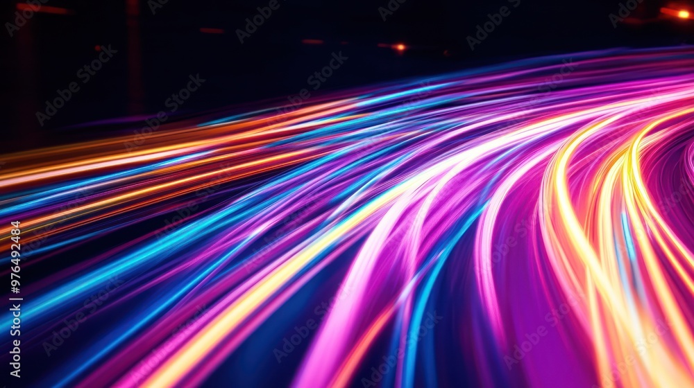 Poster a dynamic display of neon light trails in spectrum colors, streaking across the frame