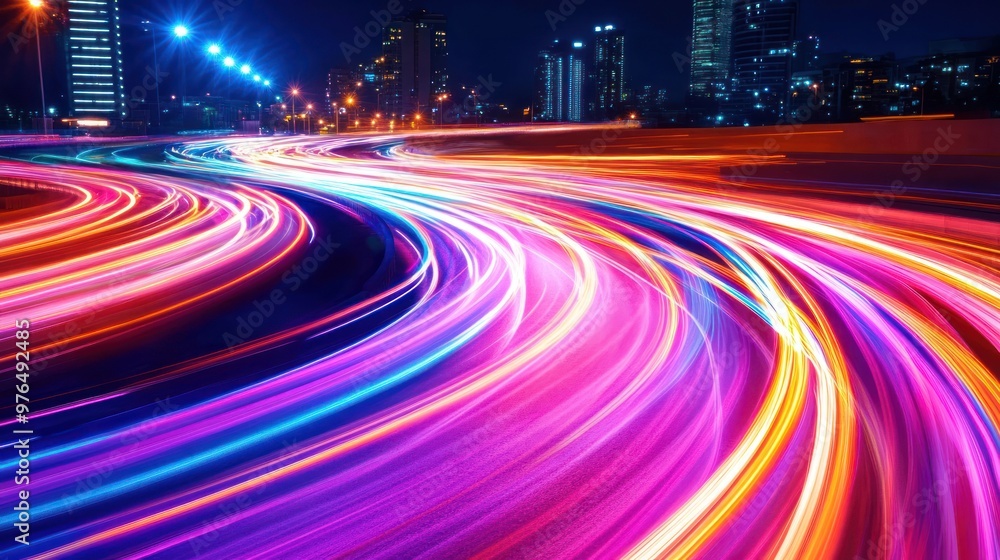 Poster a dynamic display of neon light trails in spectrum colors, streaking across the frame