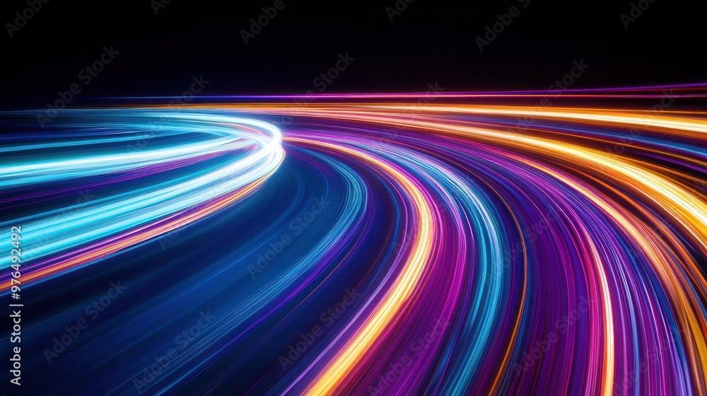 Poster a dynamic display of neon light trails in spectrum colors, streaking across the frame