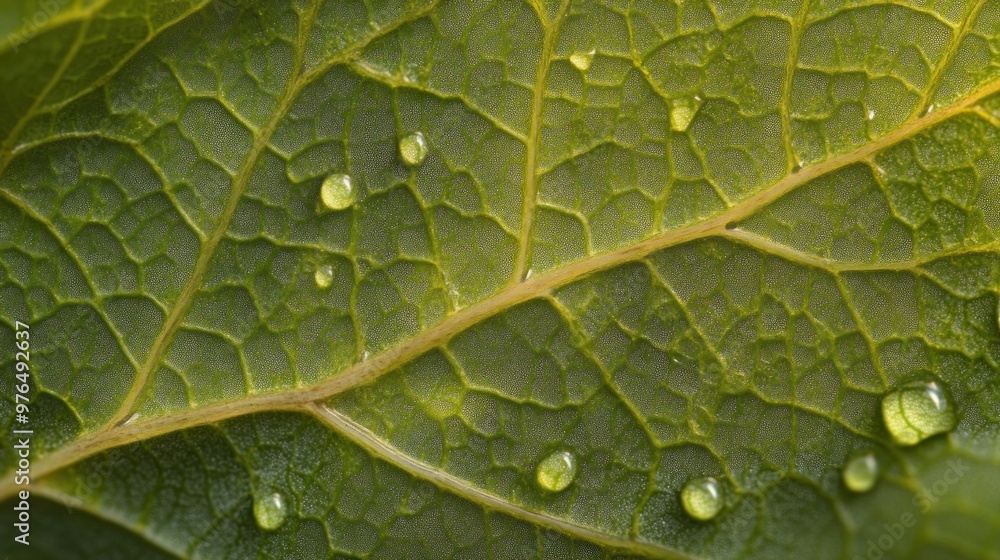 Poster a macro view of a leaf with dew drops, showing the fine details and textures of the leafâ€™s surface
