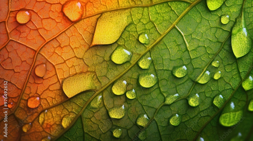 Poster a macro view of a leaf with dew drops, showing the fine details and textures of the leafâ€™s surface