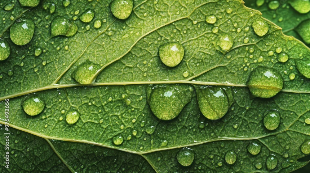 Poster a macro view of a leaf with dew drops, showing the fine details and textures of the leafâ€™s surface