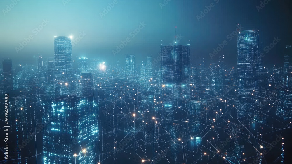 Aufkleber digital network connections above smart city with glowing lines and dots , futuristic background ,ge
