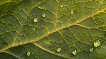 Obraz premium A macro view of a leaf with dew drops, showing the fine details and textures of the leafâ€™s surface