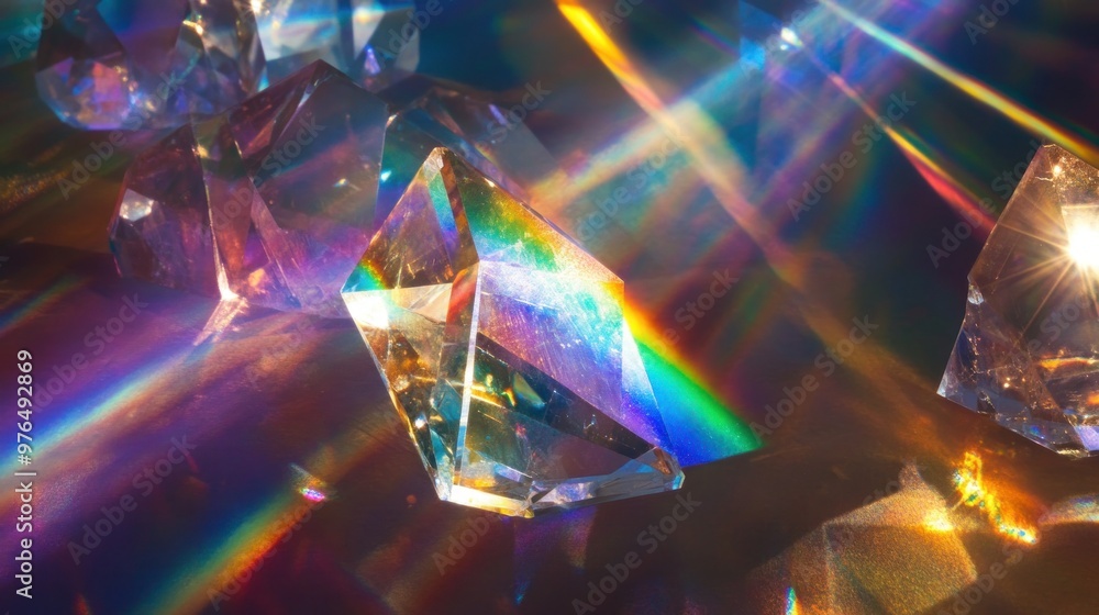 Poster a vibrant spectrum of light beams refracting through a crystal, creating a rainbow effect