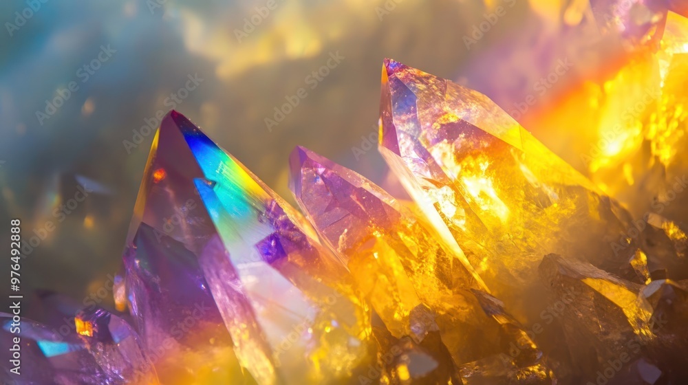 Poster a vibrant spectrum of light beams refracting through a crystal, creating a rainbow effect