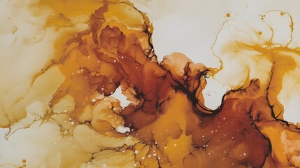 Alcohol ink technique painting in abstract fluid art. Warm tones are painted with flowing translucency. Background like the shifting sands' terrain. Designed for a cover, postcard, poster, or wall art