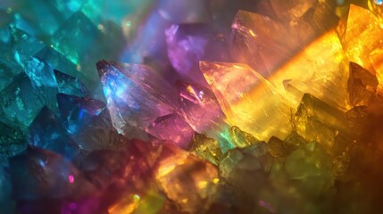 A vibrant spectrum of light beams refracting through a crystal, creating a rainbow effect