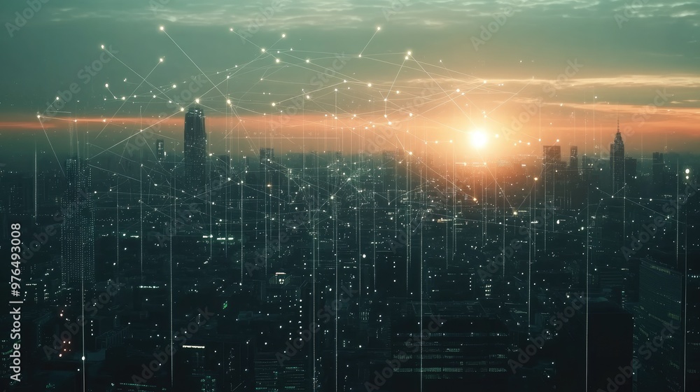 Poster digital network connections above smart city with glowing lines and dots , futuristic background ,ge