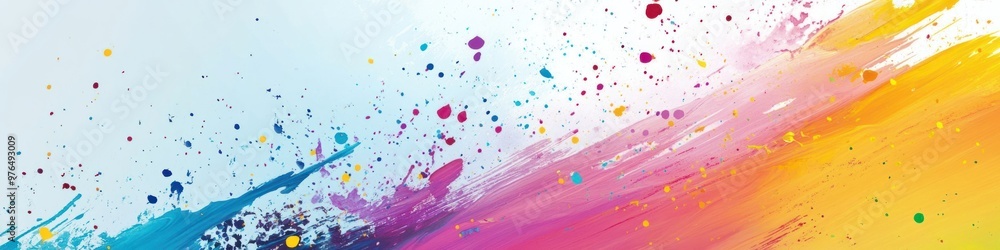 Poster a wide background banner with a colorful abstract paint splatter design, adding an energetic and cre