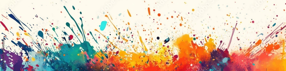 Poster a wide background banner with a colorful abstract paint splatter design, adding an energetic and cre