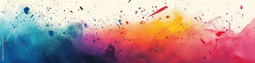 Poster a wide background banner with a colorful abstract paint splatter design, adding an energetic and cre