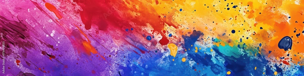 Poster a wide background banner with a colorful abstract paint splatter design, adding an energetic and cre