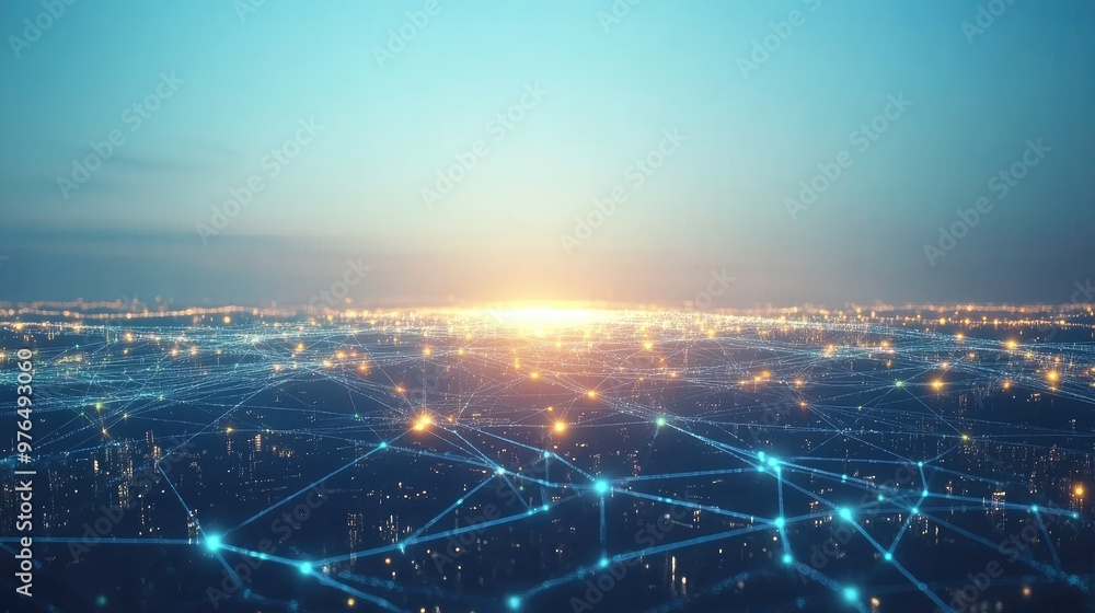 Poster abstract digital background network connections in daytime above large city with glowing lines and d