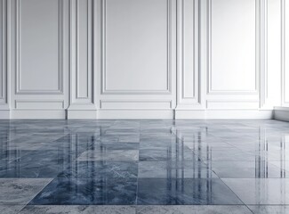Empty Classic Hall, Blue and Gray Floor, Minimalist White Walls