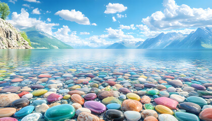 The sea is full of colorful pebbles, and the pebble beach on both sides is covered with many colored glass stones