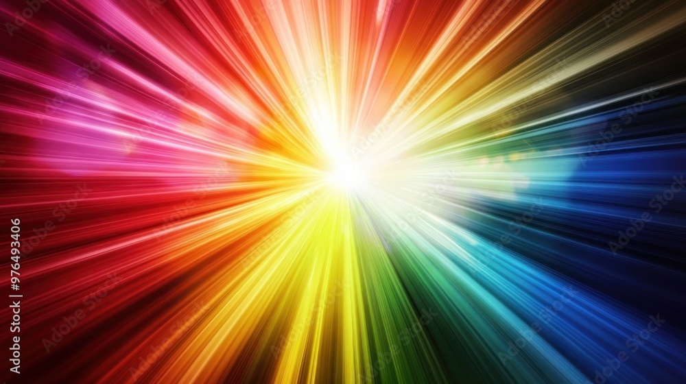 Poster an abstract composition of light rays in spectrum colors, converging at a central point