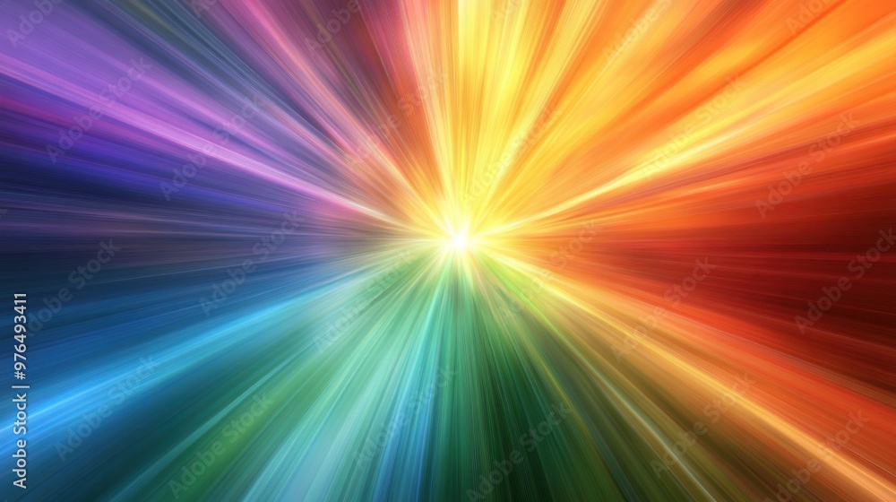 Poster an abstract composition of light rays in spectrum colors, converging at a central point