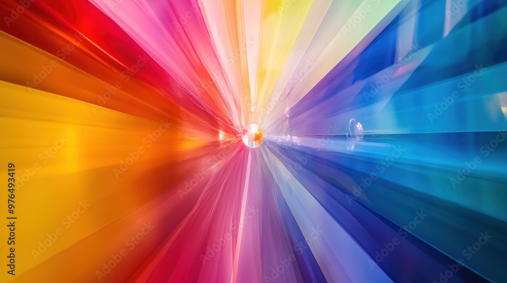 Poster an abstract composition of light rays in spectrum colors, converging at a central point