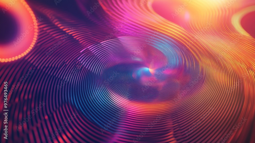 Poster an abstract pattern of circular light waves in various spectrum colors, creating a mesmerizing effec