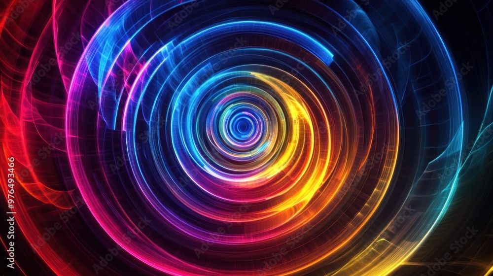 Poster an abstract pattern of circular light waves in various spectrum colors, creating a mesmerizing effec