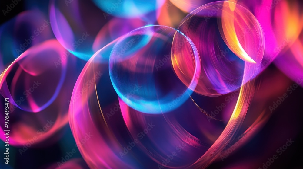 Poster an abstract pattern of circular light waves in various spectrum colors, creating a mesmerizing effec