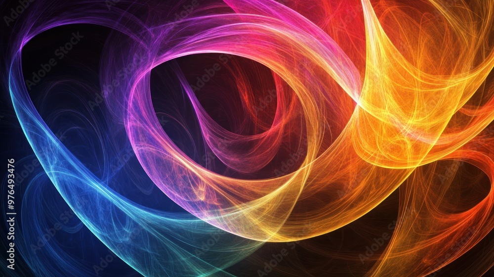 Poster an abstract pattern of circular light waves in various spectrum colors, creating a mesmerizing effec