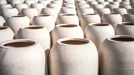 A photo of a clean background with a lot of negative space. There is a row of large, white, cylindrical objects with a small opening at the top. The objects have a smooth texture and are arranged even