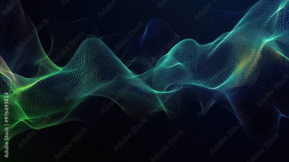 Poster abstract digital background with glowing lines and mesh waves, a blue and green color gradient, a da