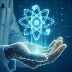 A businessman is showing the development of advanced science with sophisticated technology.