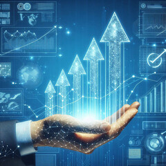A businessman is showing the development of a business that is increasingly advanced upwards with sophisticated technology, a business hologram