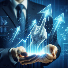 A businessman is showing the development of a business that is increasingly advanced upwards with sophisticated technology.