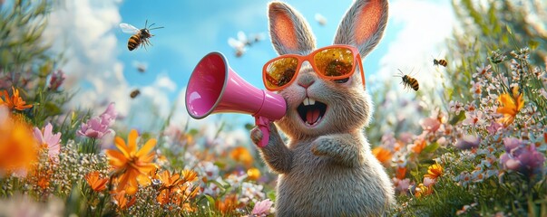 A spirited rabbit with neon sunglasses and a pink megaphone poses in a sunny meadow filled with blooming flowers and fluttering bees. The rabbitâ€™s animated expression and the vivid colors of the