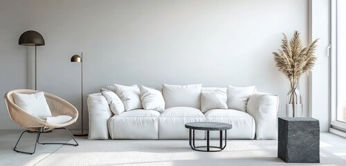 Lavender Chairs on Chic Presentation Stage Blank Screen, Dove Gray Walls.