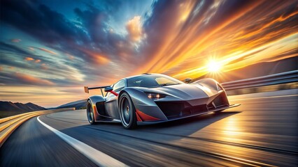 Obraz premium The image depicts a fast-moving car speeding down a road, with a blur of motion capturing the vehicle's dynamic movement as it races across the asphalt
