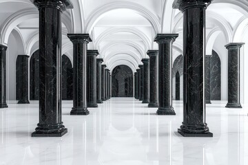 Opulent hall with reflective white flooring and black marble pillars and arches.